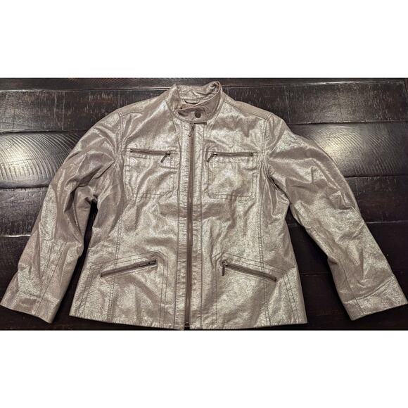 CHICO'S LEATHER MOTO JACKET Size 2 - 12  Silver Cracked FINISH Zippers| 250971 - Picture 1 of 8